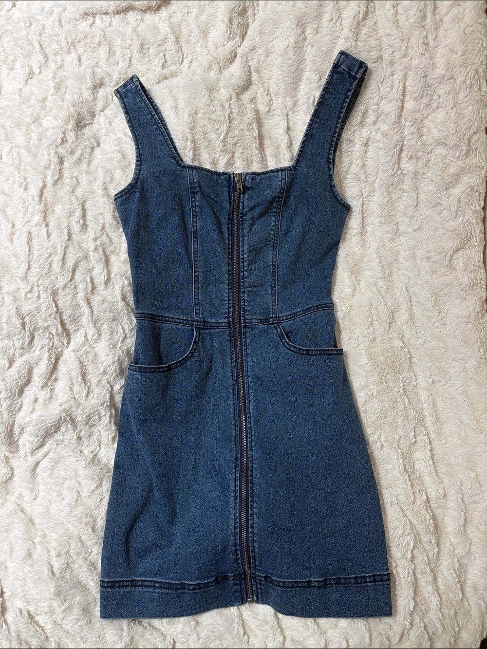 Rewash Dark Blue Zip-Front Denim Mini Dress with Pockets